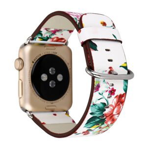 eses Kožený kvetinový remienok pre Apple Watch - Bielo červený 42mm, 44mm, 45mm, 49mm