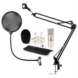 Auna CM001S mikrofónová sada V4, kondenzátorový mikrofón, mikrofónové rameno, pop filter, strieborná farba