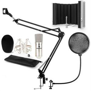 Auna CM001S mikrofónová sada V5 kondenzátorový mikrofón, mikrofónové rameno, pop filter, panel, strieborná farba