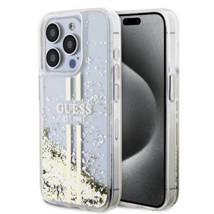 Guess PC/TPU Liquid Glitter Gold Stripe Zadní Kryt pro iPhone 15 Pro Transparent