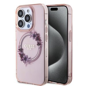 Guess PC/TPU Flowers Ring Glossy Logo MagSafe Zadní Kryt pro iPhone 15 Pro Max Pink