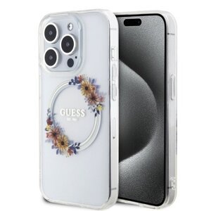 Guess PC/TPU Flowers Ring Glossy Logo MagSafe Zadní Kryt pro iPhone 15 Pro Max Transparent