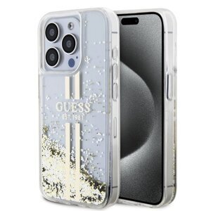 Guess PC/TPU Liquid Glitter Gold Stripe Zadní Kryt pro iPhone 15 Pro Max Transparent