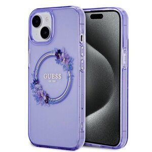 Guess PC/TPU Flowers Ring Glossy Logo MagSafe Zadní Kryt pro iPhone 15 Purple