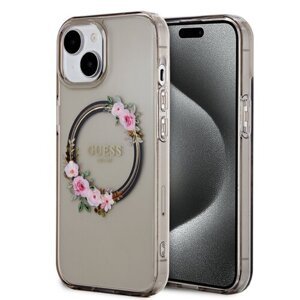 Guess PC/TPU Flowers Ring Glossy Logo MagSafe Zadní Kryt pro iPhone 15 Black