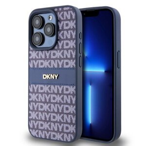 DKNY PU Leather Repeat Pattern Tonal Stripe Zadní Kryt pro iPhone 15 Pro Blue