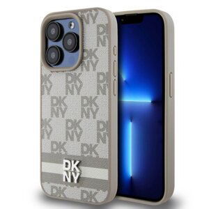 DKNY PU Leather Checkered Pattern and Stripe Zadní Kryt pro iPhone 13 Pro Beige