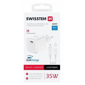 SWISSTEN SÍŤOVÝ ADAPTÉR GaN 1x USB-C 35W POWER DELIVERY BÍLÝ + DATOVÝ KABEL USB-C/LIGHTNING 1,2 M BÍLÝ