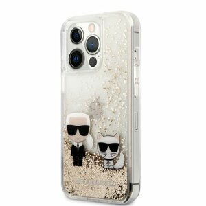 KLHCP13XGKCD Karl Lagerfeld Liquid Glitter Karl and Choupette Kryt pro iPhone 13 Pro Max Gold