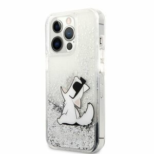 KLHCP13LGCFS Karl Lagerfeld Liquid Glitter Choupette Eat Kryt pro iPhone 13 Pro Silver