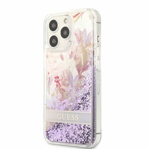 Puzdro Guess Liquid Glitter Flower iPhone 13 Pro - fialové