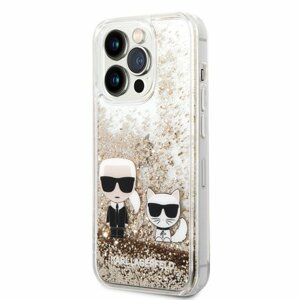 Karl Lagerfeld Liquid Glitter Karl and Choupette Zadní Kryt pro iPhone 14 Pro Gold