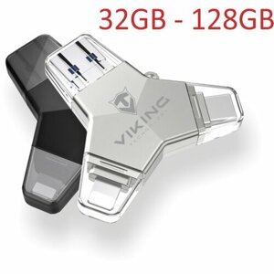 VIKING USB FLASH DISK 3.0 4v1 128GB, S KONCOVKOU APPLE LIGHTNING, USB-C, MICRO USB, USB3.0, černá