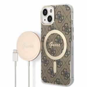 Guess 4G MagSafe Kompatibilní Zadní Kryt + Bezdrátová Nabíječka pro iPhone 14 Brown