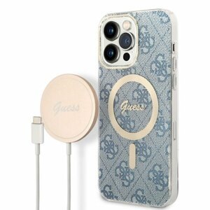 Guess 4G MagSafe Kompatibilní Zadní Kryt + Bezdrátová Nabíječka pro iPhone 14 Pro Max Blue