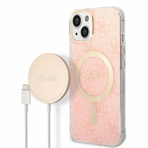 Guess 4G MagSafe Kompatibilní Zadní Kryt + Bezdrátová Nabíječka pro iPhone 14 Pink