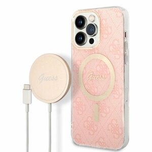 Guess 4G MagSafe Kompatibilní Zadní Kryt + Bezdrátová Nabíječka pro iPhone 14 Pro Max Pink