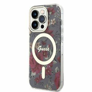 Guess PC/TPU Flowers IML MagSafe Kompatibilní Zadní Kryt pro iPhone 14 Pro Kaki