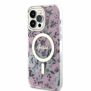 Guess PC/TPU Flowers IML MagSafe Kompatibilní Zadní Kryt pro iPhone 14 Pro Max Pink