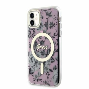 Guess PC/TPU Flowers IML MagSafe Kompatibilní Zadní Kryt pro iPhone 11 Pink