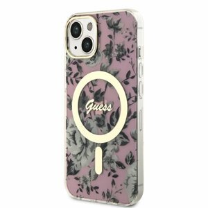 Guess PC/TPU Flowers IML MagSafe Kompatibilní Zadní Kryt pro iPhone 13 Pink