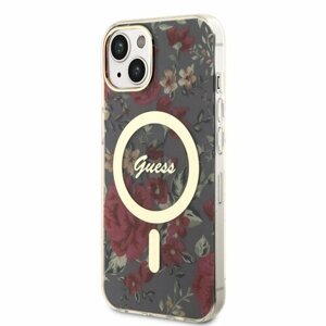 Guess PC/TPU Flowers IML MagSafe Kompatibilní Zadní Kryt pro iPhone 13 Kaki