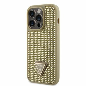 Guess Rhinestones Triangle Metal Logo Kryt pro iPhone 14 Pro Gold