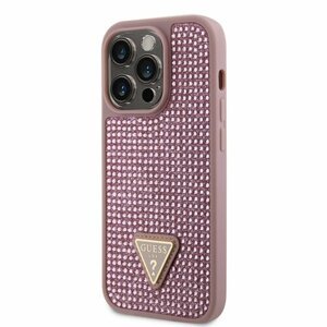 Guess Rhinestones Triangle Metal Logo Kryt pro iPhone 14 Pro Pink