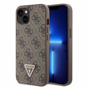 Guess PU 4G Strass Triangle Metal Logo Zadní Kryt pro iPhone 15 Brown