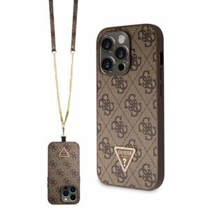 Guess PU 4G Strass Triangle Metal Logo Zadní Kryt + Crossbody Popruh pro iPhone 15 Pro Brown