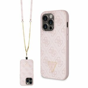 Guess PU 4G Strass Triangle Metal Logo Zadní Kryt + Crossbody Popruh pro iPhone 15 Pro Pink