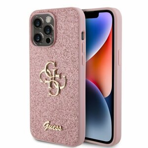 Guess PU Fixed Glitter 4G Metal Logo Zadní Kryt pro iPhone 15 Pro Max Pink