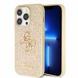 Guess PU Fixed Glitter 4G Metal Logo Zadní Kryt pro iPhone 15 Pro Max Gold