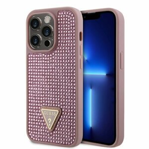 Guess Rhinestones Triangle Metal Logo Kryt pro iPhone 15 Pro Pink