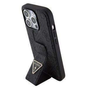 Guess PU Grip Stand 4G Strass Triangle Metal Logo Zadní Kryt pro iPhone 15 Pro Max Black