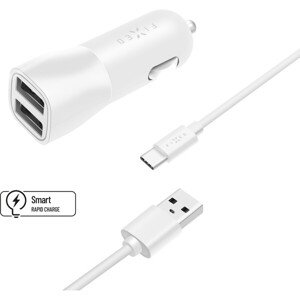 FIXED autonabíjačka s 2x USB a USB/USB-C káblom (1m), 15W, biela