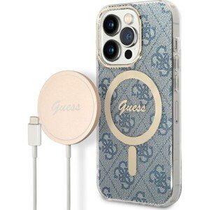 Guess 4G MagSafe Kompatibilný Zadný Kryt + Bezdrôtová Nabíjačka pre iPhone 14 Pro Blue