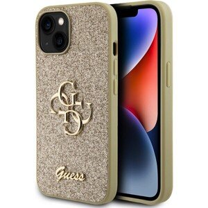 Guess PU Fixed Glitter 4G Metal Logo Zadný Kryt pre iPhone 15 Gold