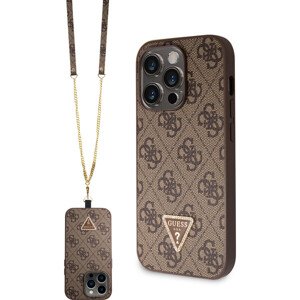 Guess PU 4G Strass Triangle Metal Logo Zadný Kryt + Crossbody Popruh pre iPhone 15 Pro Max Brown