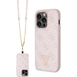 Guess PU 4G Strass Triangle Metal Logo Zadný Kryt + Crossbody Popruh pre iPhone 15 Pro Max Pink