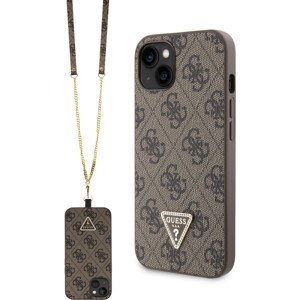 Guess PU 4G Strass Triangle Metal Logo Zadný Kryt + Crossbody Popruh pre iPhone 15 Brown