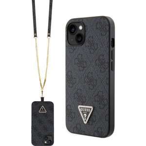 Guess PU 4G Strass Triangle Metal Logo Zadný Kryt + Crossbody Popruh pre iPhone 15 Black