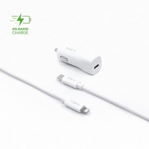 FIXED Set autonabíjačky s USB-C, USB-C/Lightning kábel, (PD), 1 m, MFI, 18W, biely