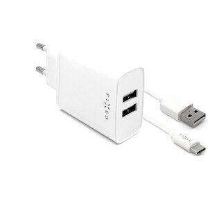 FIXED sieťový adaptér 15 W Smart Rapid Charge s 2xUSB výstupom a USB/USB-C kábel biela