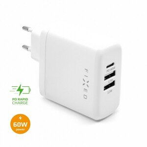 FIXED sieťová nabíjačka s USB-C a 2x USB, Power Delivery, 60W, biela