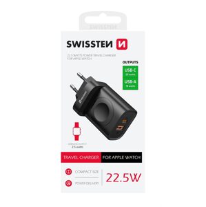 Swissten sieťový adaptér 1x USB-A, 1x USB-C a Apple Watch