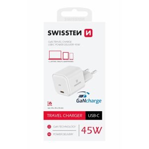Swissten sieťový adaptér GaN 1x USB-C 45W, Power Delivery, biely