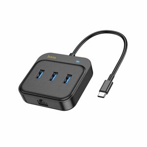 Hoco adaptér HUB 4v1 USB-C na 3x USB3.0 + RJ45, Gigabit Ethernet, 0,2 m, čierny (HB35)