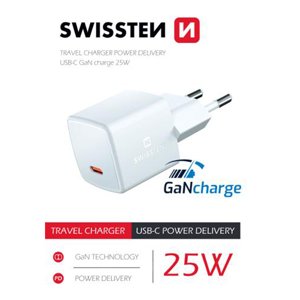 SWISSTEN SIEŤOVÝ ADAPTÉR GaN USB-C 25 POWER DELIVERY 22044100, biely