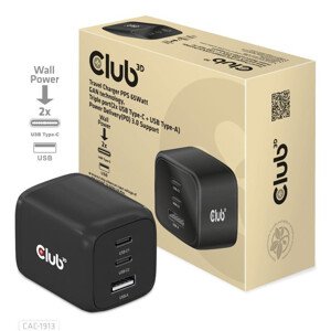 Club3D cestovná nabíjačka 65W GAN technológia, 3 porty (2xUSB-C + USB-A), PPS, Power Delivery (PD) 3.0 Support